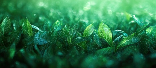 Poster - Green foliage with dewdrops in a natural setting, close-up view with soft focus and ample Copy Space for text integration.