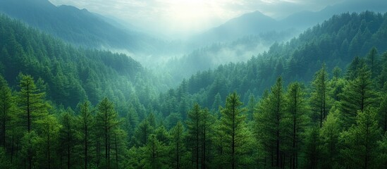 Aufkleber - Lush green forest landscape with misty mountains in the background and soft light filtering through the trees Copy Space