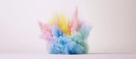 Leinwandbilder - Colorful powder explosion in soft pastel hues of blue, pink, and yellow on a white background with ample Copy Space