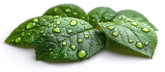 Aufkleber - Fresh green leaves with water droplets isolated on white background and Copy Space for text inclusion