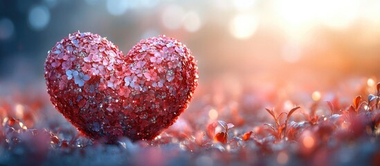 Aufkleber - Glittering red heart decoration on a blurred natural background with sunlight and foliage Copy Space