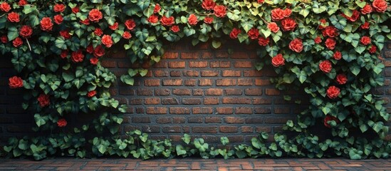 Aufkleber - Brick wall covered with red roses and green foliage creating a natural frame Copy Space