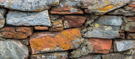 Wall Mural - Rough stone wall with mixed colors and textures in close-up view