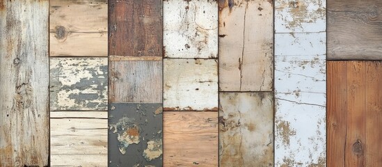 Wall Mural - Rustic wooden panel texture background with weathered multicolor planks in various shades and peeling paint.