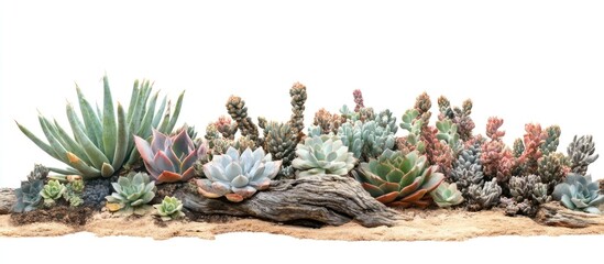 Aufkleber - Succulent plants arrangement on driftwood with white background and copy space for text usage