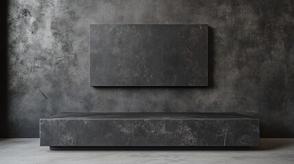 Aufkleber - Modern minimalist interior with dark textured wall and simple rectangular furniture, ample copy space for text placement.