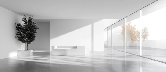 Aufkleber - Minimalist interior design with large windows, white walls, and modern furniture featuring a potted tree and ample natural light Copy Space
