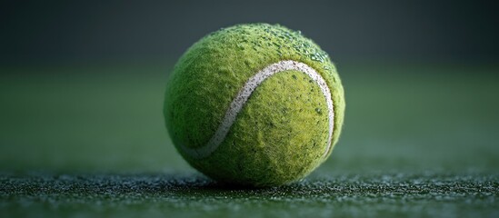 Wall Mural - Close-up of a wet tennis ball on a blurred green background with copy space for text