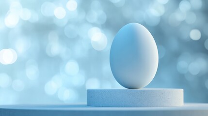 Leinwandbilder - Blue background with soft bokeh effect featuring a single white egg on a circular pedestal Copy Space