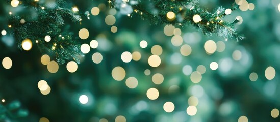 Leinwandbilder - Green bokeh background with holiday lights and soft focus suitable for seasonal designs and advertising Copy Space