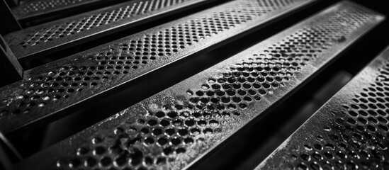 Poster - Close-up view of textured metal stair steps with perforated pattern in monochrome tones featuring Copy Space