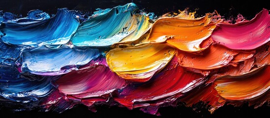 Leinwandbilder - Colorful abstract paint strokes on black background with vibrant hues of blue, orange, purple, and pink Copy Space