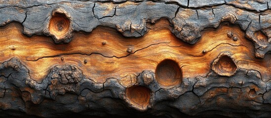 Aufkleber - Textured close-up of weathered wood with cracks and holes displaying rich brown and black tones Copy Space