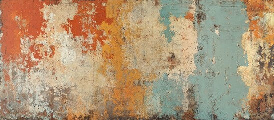 Fototapete - Abstract grunge texture background with peeling paint in orange, teal, and beige colors suitable for design projects with Copy Space