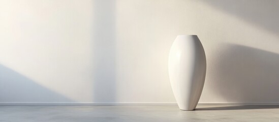 Aufkleber - White ceramic vase on light-colored floor against a plain wall with sunlight shadows Copy Space