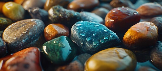 Leinwandbilder - Colorful wet pebbles with droplets on surface arranged closely in water Copy Space