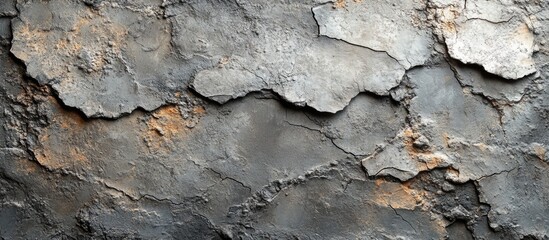Poster - Textured abstract wall surface with cracked plaster and peeling paint exhibiting shades of gray and rust with Copy Space