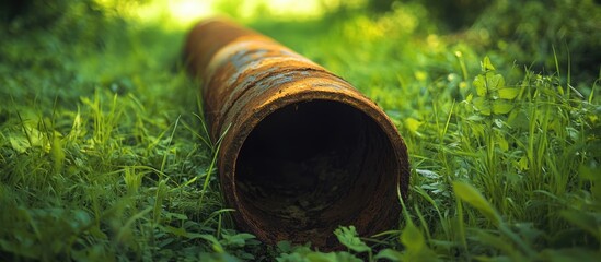 Poster - Rusty metal pipe lying on green grass surrounded by foliage with shallow depth of field and natural light Copy Space