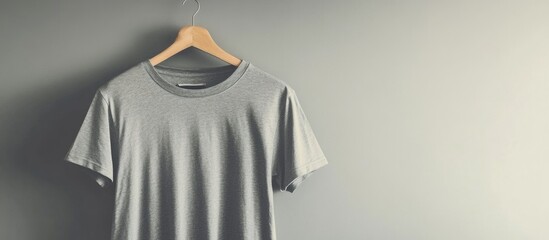 Leinwandbilder - Gray T-shirt hanging on a wooden hanger against a neutral background with Copy Space for text placement