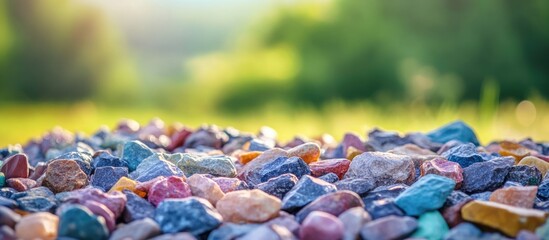 Aufkleber - Colorful gravel stones on the ground with blurred green background and soft sunlight Copy Space