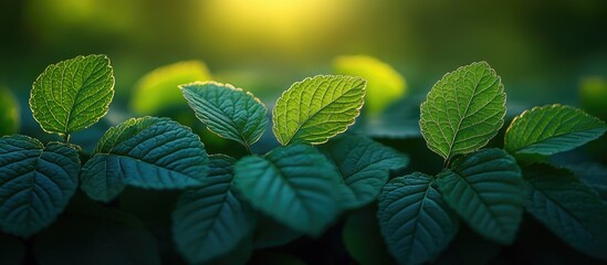 Aufkleber - Close-up of green leaves with varying shades and textures in natural light, soft focus background, ideal for botanical themes, Copy Space.