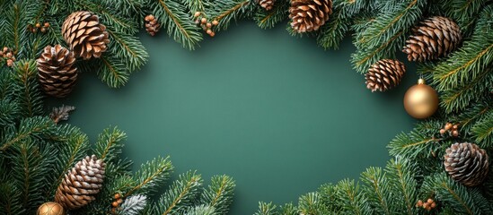 Aufkleber - Christmas pine branches and pinecones on dark green background with golden ornaments and copy space for text