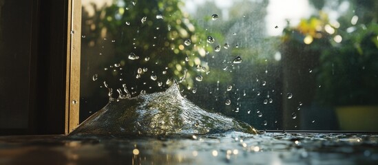 Poster - Water droplets splashing on surface with blurred green garden background and sunlight creating a natural ambiance Copy Space
