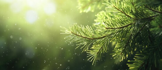 Aufkleber - Close-up view of green pine tree branches with sunlight filtering through foliage and soft bokeh background Copy Space