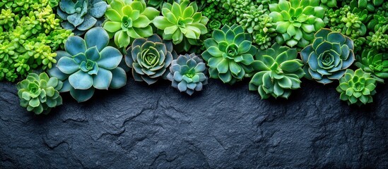 Aufkleber - Assorted succulents and cacti in various shades of green against a textured dark stone background with Copy Space.