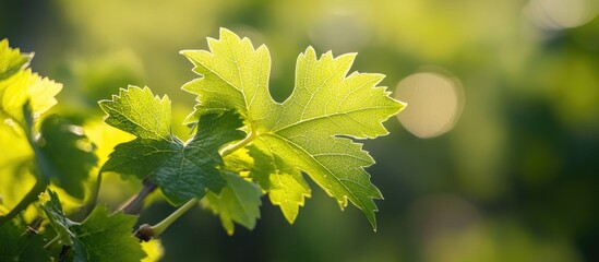 Poster - Vibrant close-up of sunlit green grapevine leaves with bokeh background and ample Copy Space for text placement