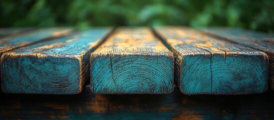 Aufkleber - Weathered wooden planks with turquoise paint and natural background texture, Copy Space for text placement