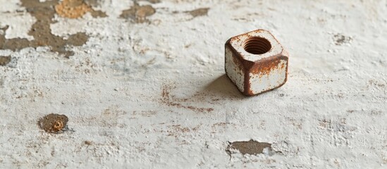 Wall Mural - Rusty metal cube on a worn wooden surface with paint remnants and textures Copy Space