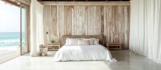 Aufkleber - Coastal bedroom interior with wooden walls and large windows overlooking the ocean Copy Space