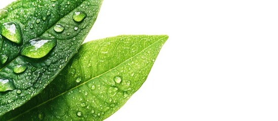 Aufkleber - Green leaves with water droplets on a white background featuring ample Copy Space for text placement