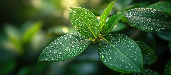 Leinwandbilder - Green leaves with water droplets in soft natural light featuring blurred background and ample Copy Space for text placement