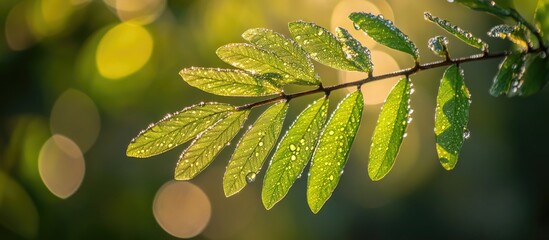 Aufkleber - Close-up of green leaf with water droplets on it against a blurred bokeh background with natural light copy space