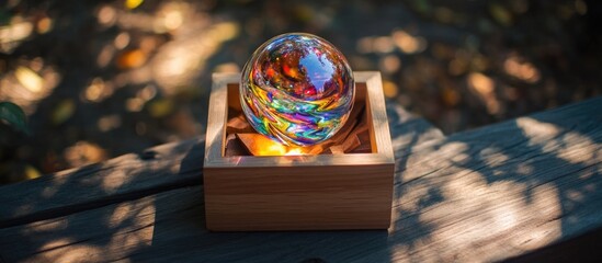 Leinwandbilder - Colorful glass orb placed in a wooden display box with blurred natural background and soft lighting Copy Space