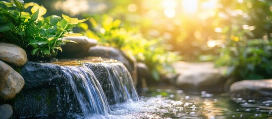 Aufkleber - Tranquil garden waterfall with sunlight filtering through lush greenery and rocks Copy Space