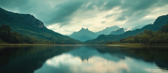 Wall Mural - Serene lake landscape with mountainous reflection under cloudy sky, panoramic view with copy space.