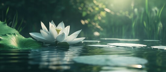 Aufkleber - White water lily on tranquil pond surface with rippling water reflections and lush green foliage in soft natural light Copy Space