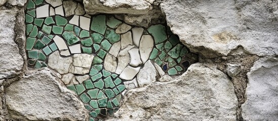 Aufkleber - Fragmented mosaic embedded in rough stone wall with green and white tiles showcasing texture and historical elements. Copy Space.