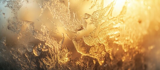 Poster - Abstract close-up of frozen ice texture with warm light reflections and intricate patterns, suitable for backgrounds with Copy Space.