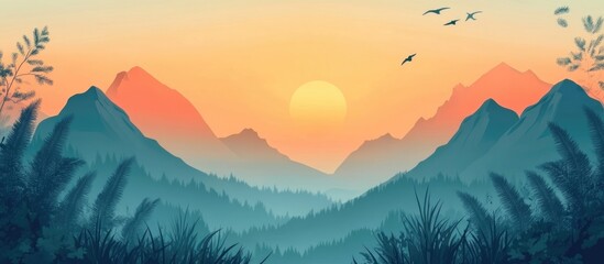 Wall Mural - Serene sunset mountain landscape with clear sky and expansive space for customizable text or branding messages.