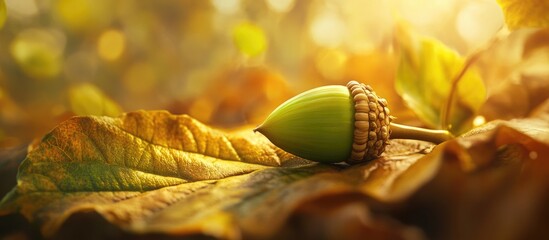Poster - Acorn on Autumn Leaves with Soft Light and Bokeh Background Copy Space