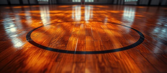 Leinwandbilder - Wooden basketball court floor with polished finish, circular center mark, reflecting light patterns, Copy Space available.