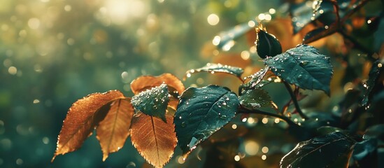 Poster - Close-up of dew-covered leaves with warm autumn colors and sunlight filtering through soft bokeh background Copy Space