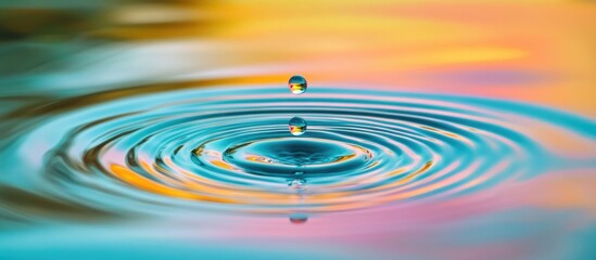 Poster - Water drop creating ripples in blue water with colorful reflections on the surface Copy Space