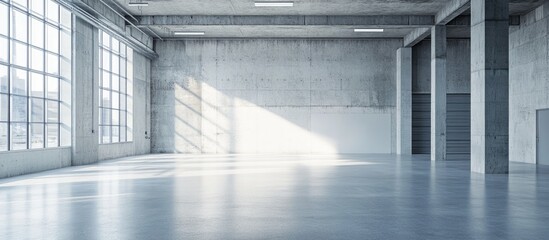 Leinwandbilder - Modern empty industrial interior with large windows and concrete walls, natural light casting shadows, Copy Space available