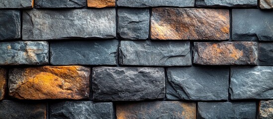 Poster - Textured stone wall with varied colors and shapes in natural stone masonry arrangement Copy Space