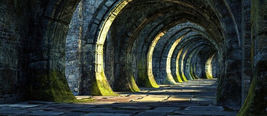 Poster - Moss-covered stone arches in an ancient corridor with sunlight illuminating the path Copy Space